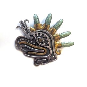 Mexico Sterling Silver Aztec Eagle Taxco Brooch Pendant Green Stones Gold